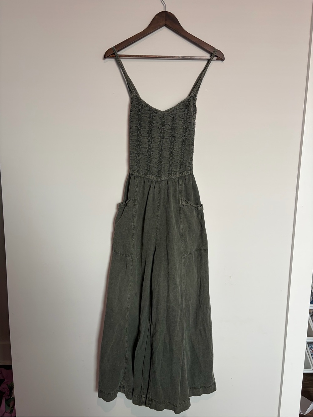 Free People Olive Smocked Wide Leg Jumpsuit S Boho Utility Cottagecore